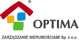 Logo firmy „OPTIMA ZARZĄDZANIE NIERUCHOMOŚCIAMI Sp. z o.o.”. Grafika składa się ze stylizowanego, czerwonego konturu dachu domu, pod którym znajdują się trzy kwadratowe elementy w kolorach żółtym, niebieskim i zielonym. Obok symbolu znajduje się szary napis „OPTIMA”, a pod nim, mniejszą czcionką, pełna nazwa firmy: „ZARZĄDZANIE NIERUCHOMOŚCIAMI Sp. z o.o.”.